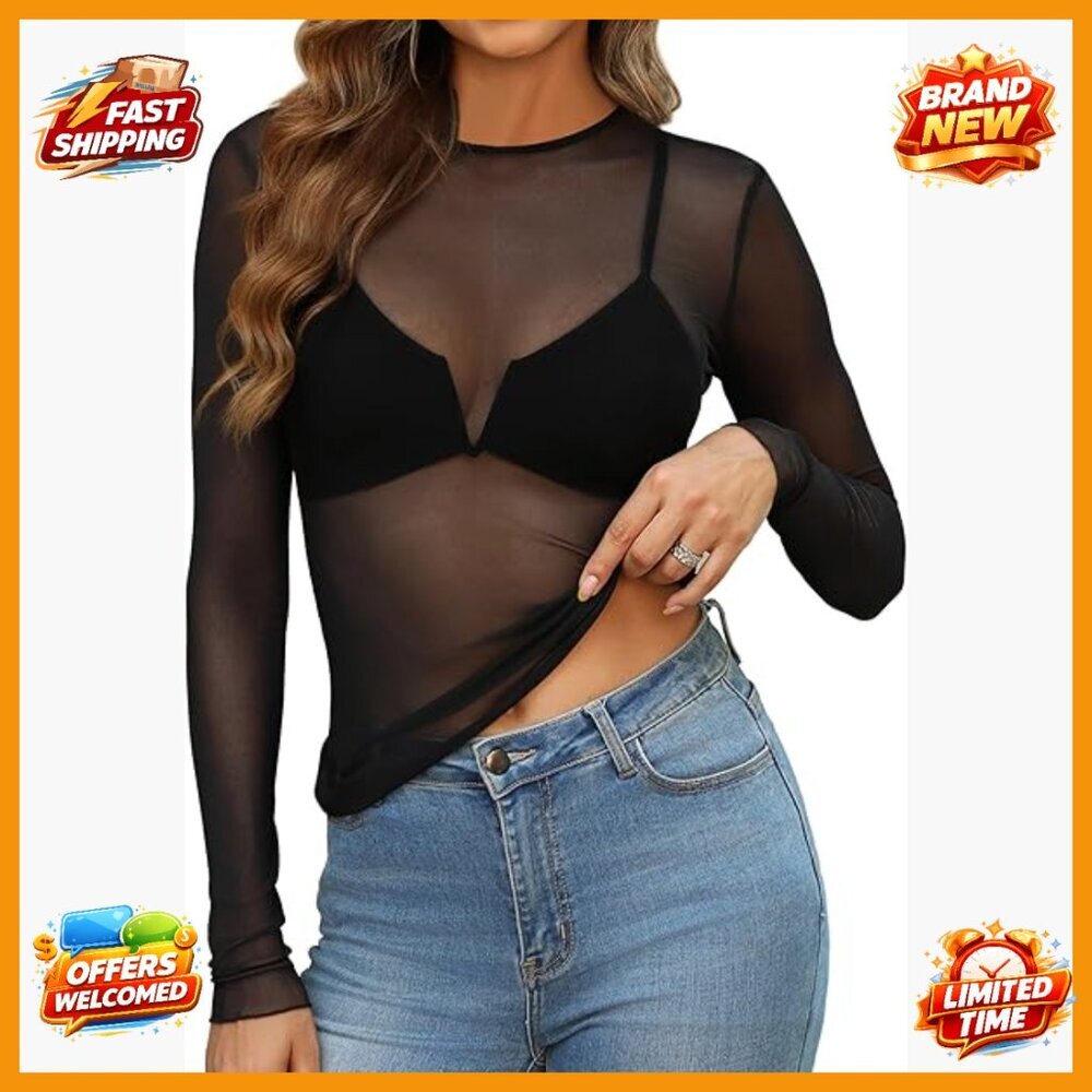 Mesh Long Sleeve Blouse with Lace Embroidery Slim Fit Crewneck Top